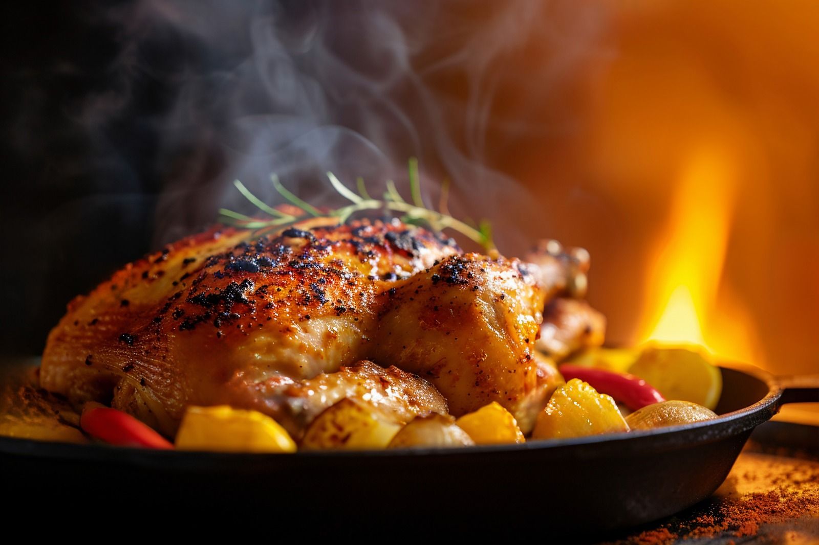 Pollo asado con papas junto al fuego