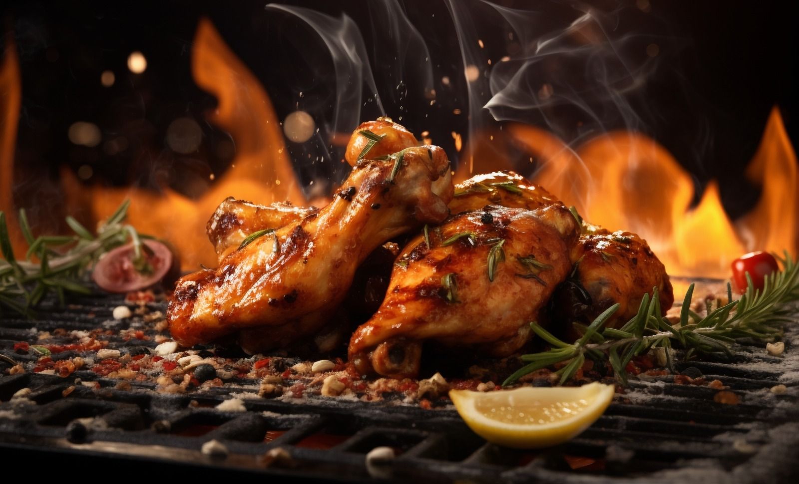 Piezas de pollo a la parrilla sobre las brasas