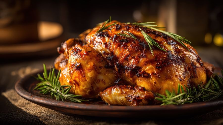 Pollo asado dorado con romero